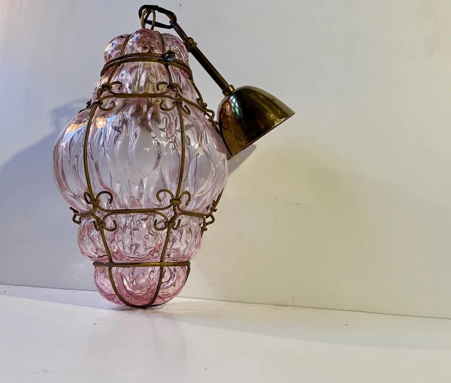 New Pamono Pink Raspberry Pendant Lamp in Cage Murano Glass from Seguso, 1950s