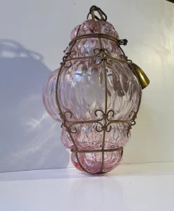 New Pamono Pink Raspberry Pendant Lamp in Cage Murano Glass from Seguso, 1950s