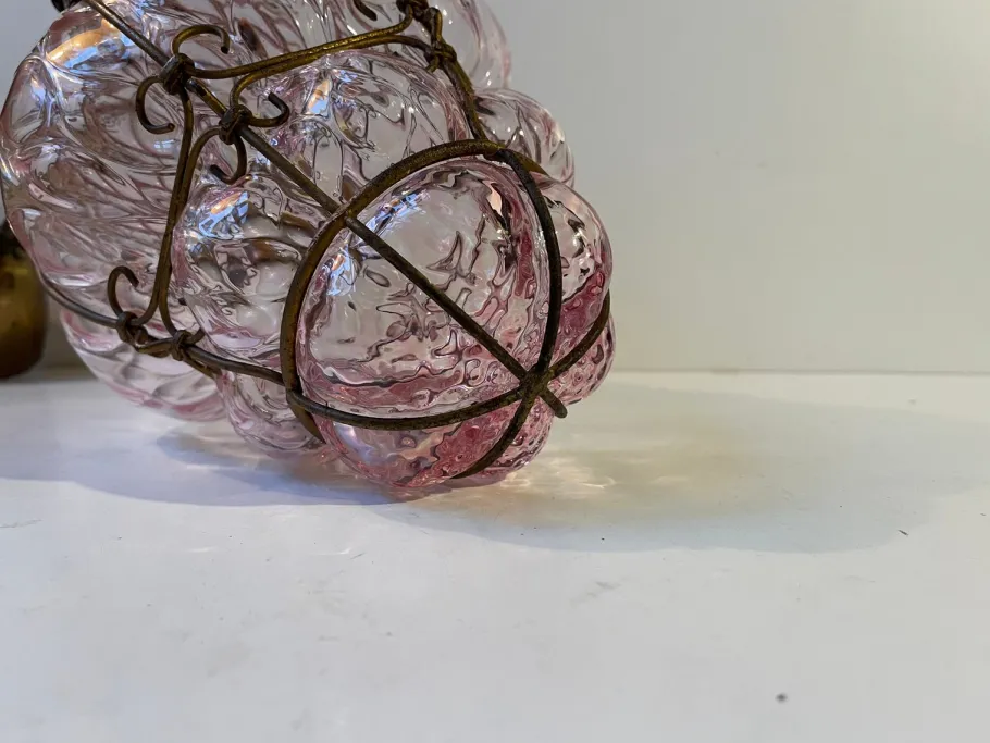 New Pamono Pink Raspberry Pendant Lamp in Cage Murano Glass from Seguso, 1950s