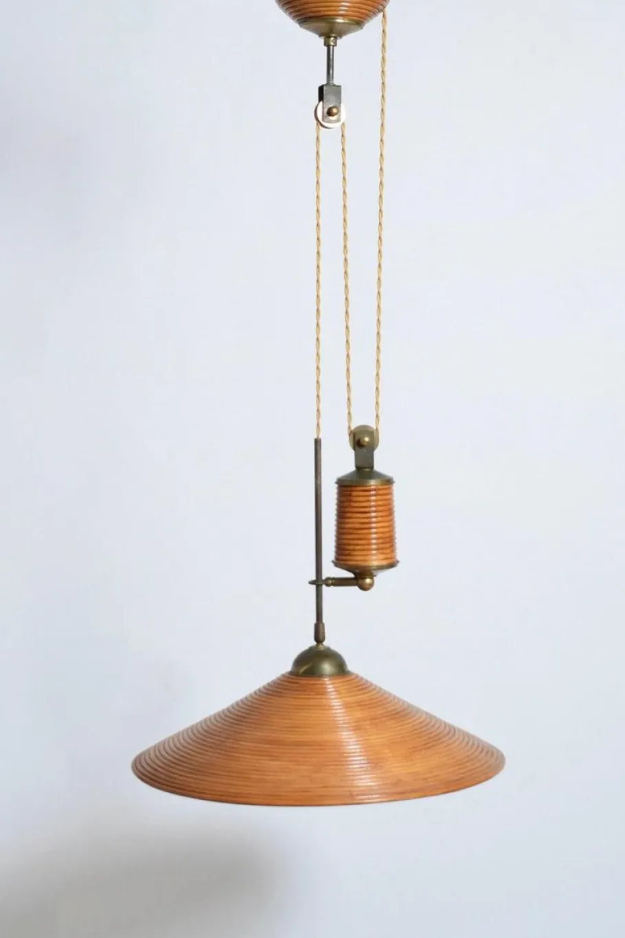 Hot Pamono Rattan and Brass Ceiling Lamp, 1960s