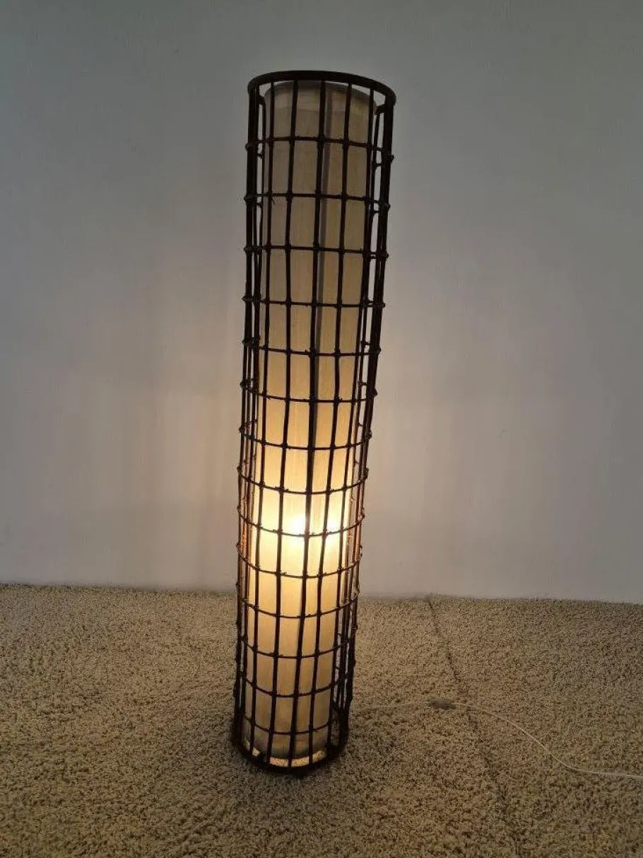 New Pamono Rattan and Fabric Floor Lamp, 1950s