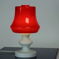 Clearance Pamono Red & White Opaline Glass Table Lamp by Stefan Tabery for Opp Jihlava, 1960s