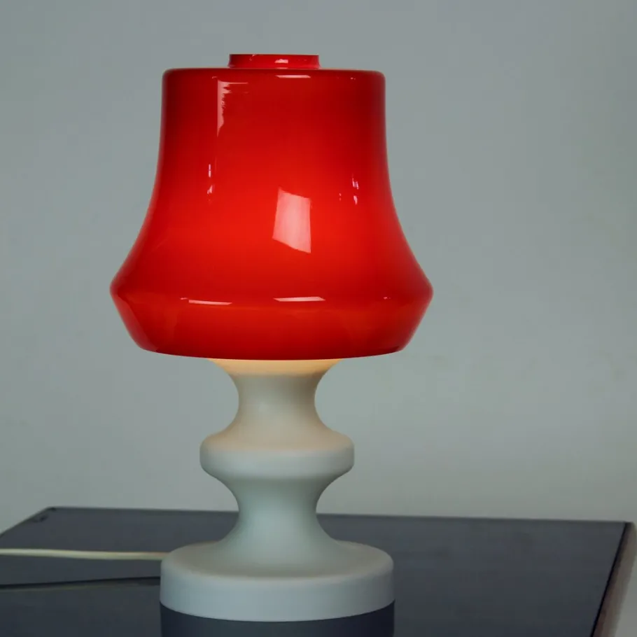 Clearance Pamono Red & White Opaline Glass Table Lamp by Stefan Tabery for Opp Jihlava, 1960s