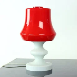 Clearance Pamono Red & White Opaline Glass Table Lamp by Stefan Tabery for Opp Jihlava, 1960s