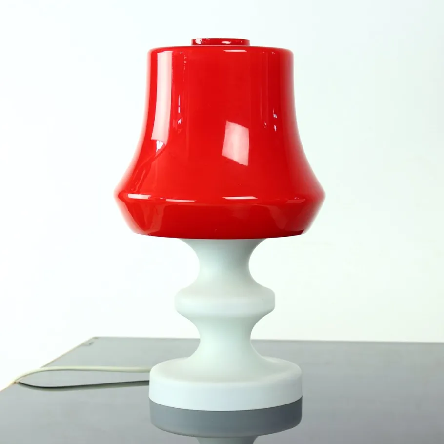 Clearance Pamono Red & White Opaline Glass Table Lamp by Stefan Tabery for Opp Jihlava, 1960s