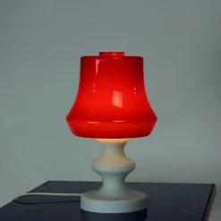 Clearance Pamono Red & White Opaline Glass Table Lamp by Stefan Tabery for Opp Jihlava, 1960s