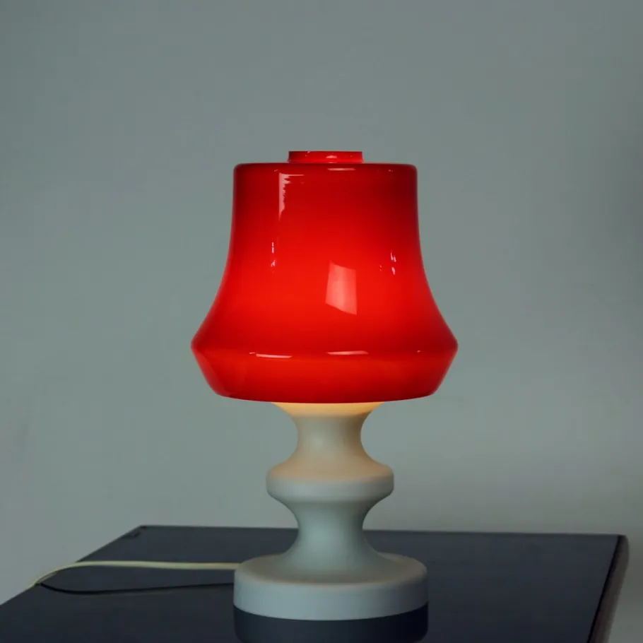 Clearance Pamono Red & White Opaline Glass Table Lamp by Stefan Tabery for Opp Jihlava, 1960s