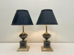 Pamono Regency Brass and Black Table Lamps in the style of Le Dauphin, 1970s, Set of 2