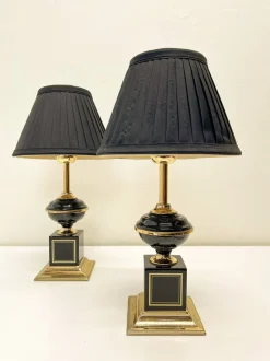Pamono Regency Brass and Black Table Lamps in the style of Le Dauphin, 1970s, Set of 2