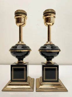 Pamono Regency Brass and Black Table Lamps in the style of Le Dauphin, 1970s, Set of 2