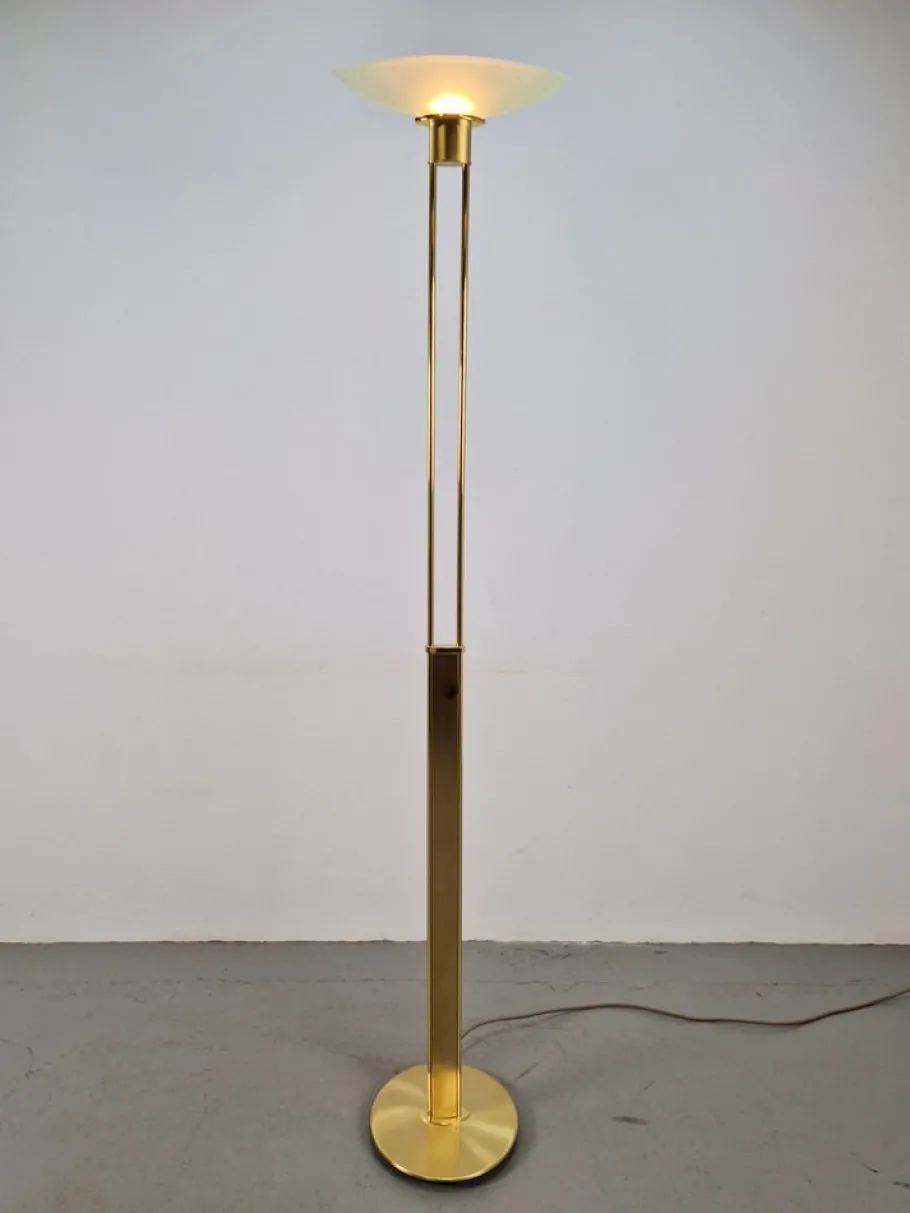 Outlet Pamono Regency Model 2517-1-P1 Torchiere Floor Lamp in Brass and Venetian Glass from Holtkotter, 1980s