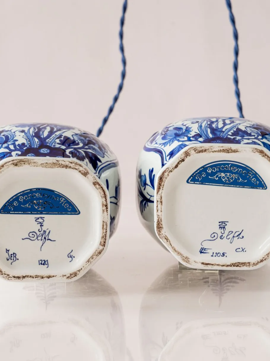 Best Pamono Royal Delft Blue Louis XV Table Lamps, New Pleated Lampshades, Set of 2