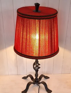 Hot Pamono Rustic Table Lamp with Handmade Black Iron Base and Red Fabric Shade by Triebenbacher, 1970s
