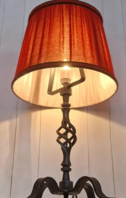 Hot Pamono Rustic Table Lamp with Handmade Black Iron Base and Red Fabric Shade by Triebenbacher, 1970s