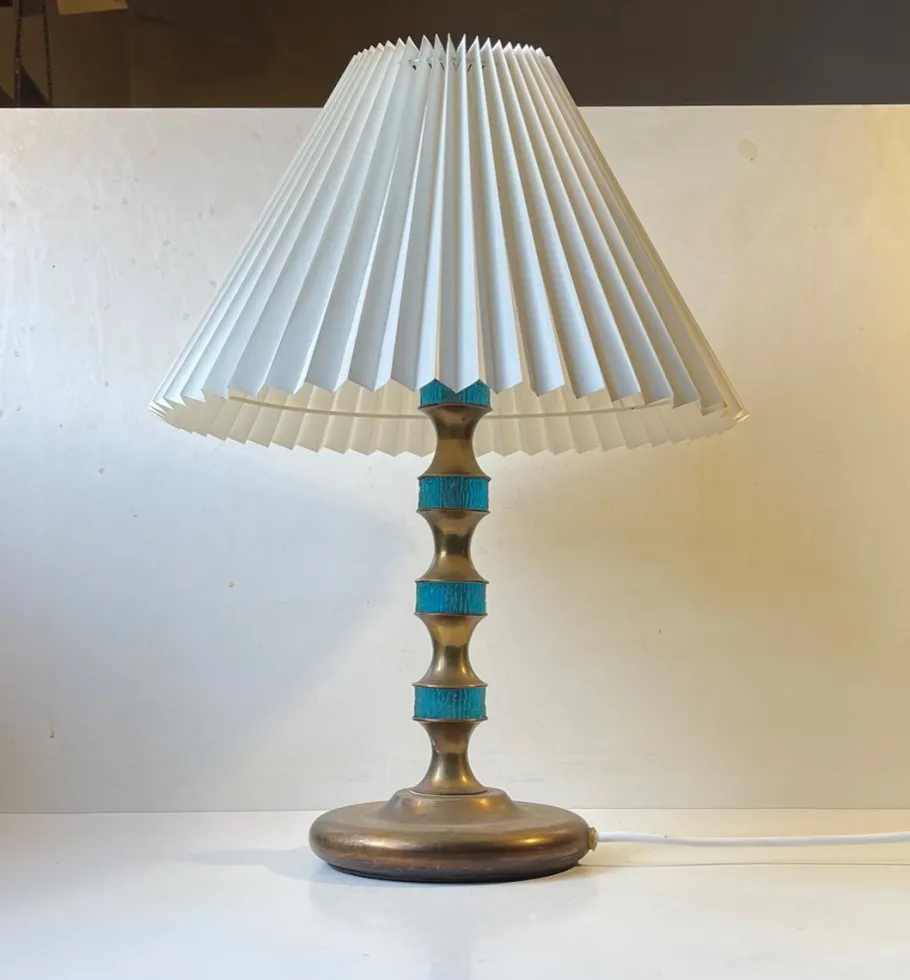 Sale Pamono Scandinavian Blue Glass and Brass Table Lamp by Vitrika, 1960s