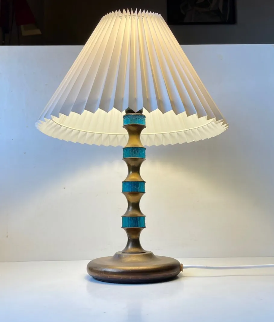 Sale Pamono Scandinavian Blue Glass and Brass Table Lamp by Vitrika, 1960s