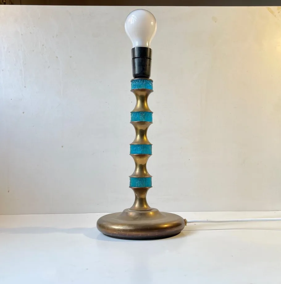 Sale Pamono Scandinavian Blue Glass and Brass Table Lamp by Vitrika, 1960s