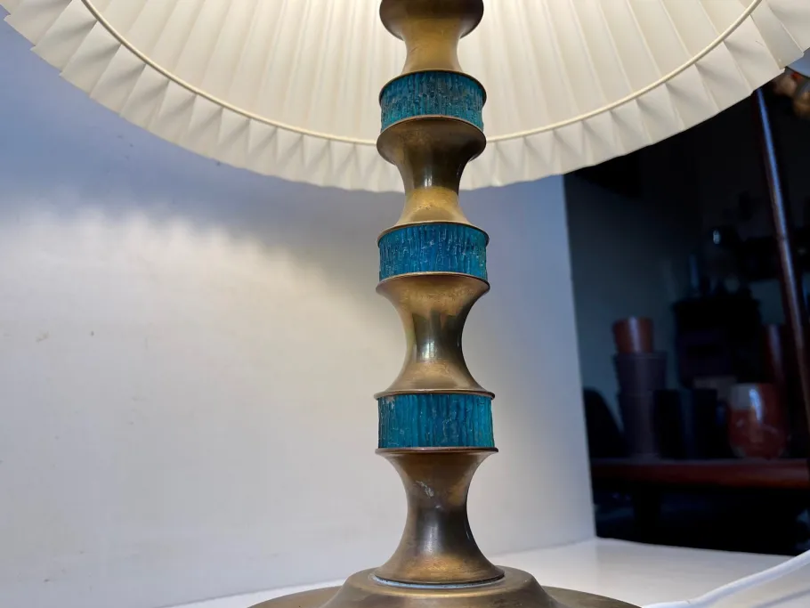 Sale Pamono Scandinavian Blue Glass and Brass Table Lamp by Vitrika, 1960s