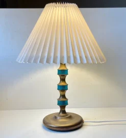 Sale Pamono Scandinavian Blue Glass and Brass Table Lamp by Vitrika, 1960s
