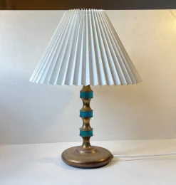 Sale Pamono Scandinavian Blue Glass and Brass Table Lamp by Vitrika, 1960s