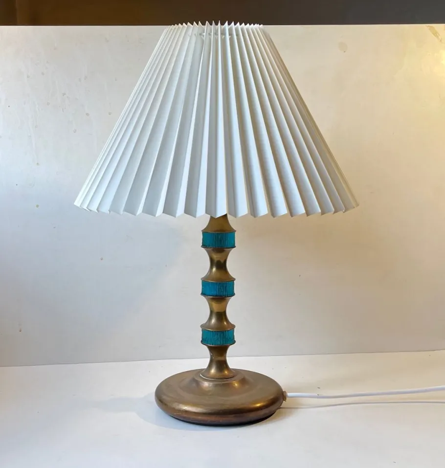 Sale Pamono Scandinavian Blue Glass and Brass Table Lamp by Vitrika, 1960s