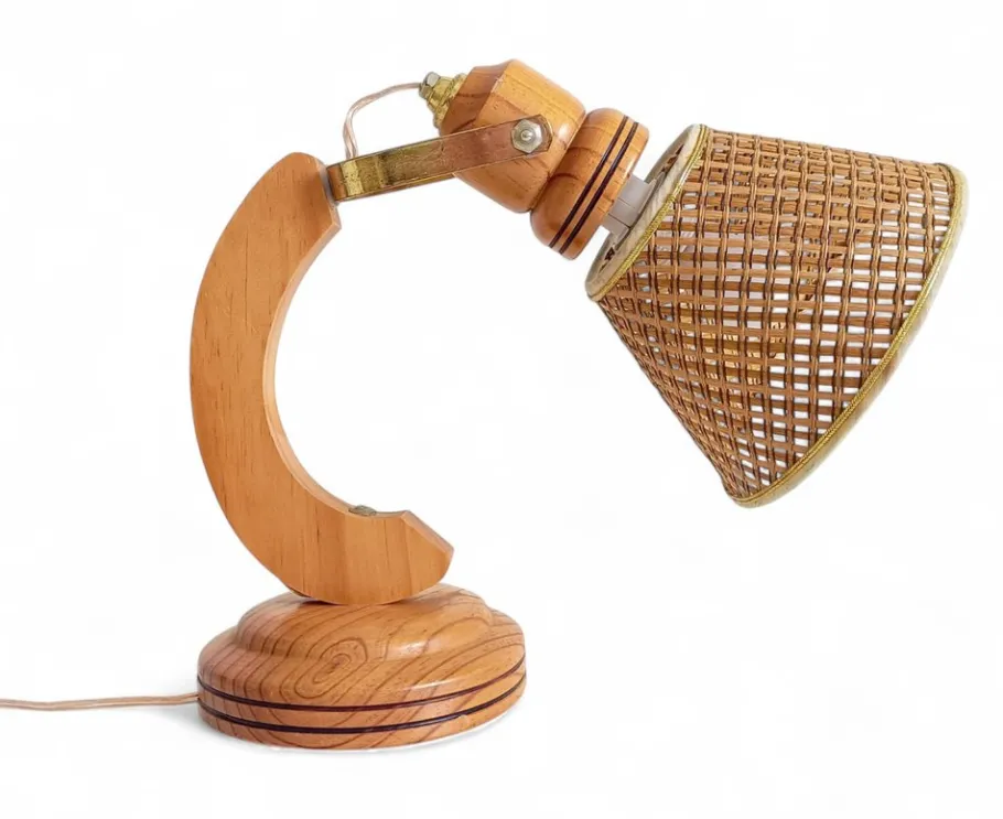 Sale Pamono Scandinavian Modern Wood and Cane Reading Lamp in the style of Solbackens Svarveri, 1970s