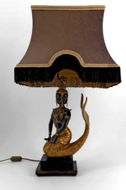 Hot Pamono Sculptural Mermaid Princess Suvannamaccha Lamp in Bronze with Double Green Shade and Gilt Patina, Thailand, 1950s
