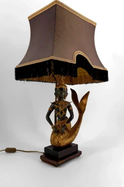 Hot Pamono Sculptural Mermaid Princess Suvannamaccha Lamp in Bronze with Double Green Shade and Gilt Patina, Thailand, 1950s