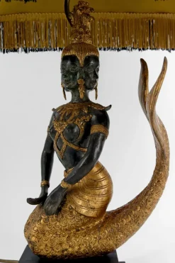 Hot Pamono Sculptural Mermaid Princess Suvannamaccha Lamp in Bronze with Double Green Shade and Gilt Patina, Thailand, 1950s