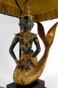 Hot Pamono Sculptural Mermaid Princess Suvannamaccha Lamp in Bronze with Double Green Shade and Gilt Patina, Thailand, 1950s