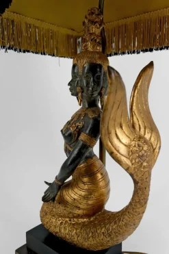 Hot Pamono Sculptural Mermaid Princess Suvannamaccha Lamp in Bronze with Double Green Shade and Gilt Patina, Thailand, 1950s