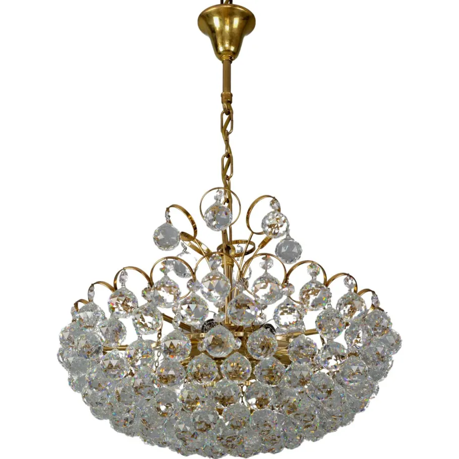 Clearance Pamono Seven Light Crystal Glass and Gilt Brass Chandelier, Germany, 1970s
