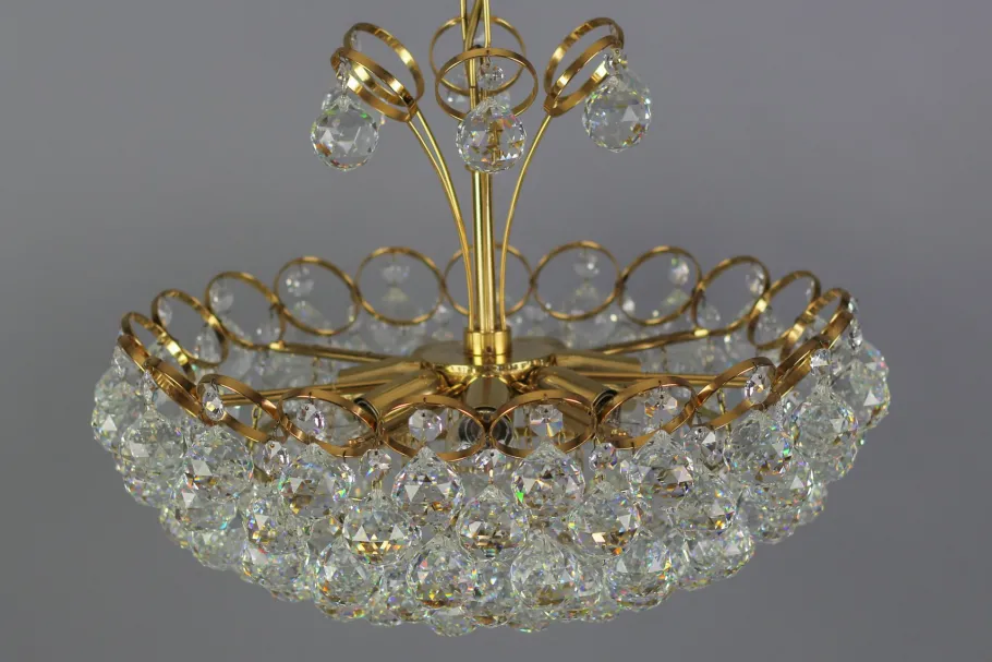 Clearance Pamono Seven Light Crystal Glass and Gilt Brass Chandelier, Germany, 1970s