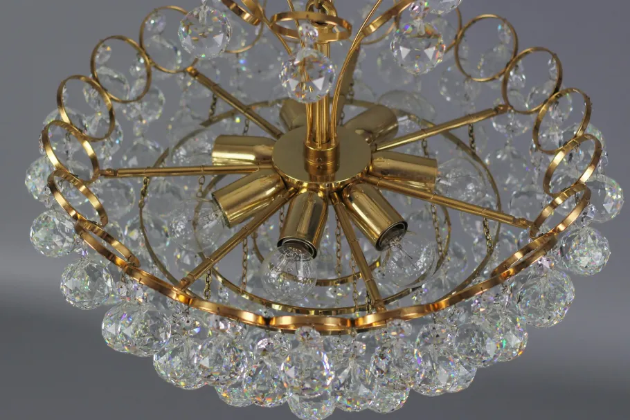 Clearance Pamono Seven Light Crystal Glass and Gilt Brass Chandelier, Germany, 1970s