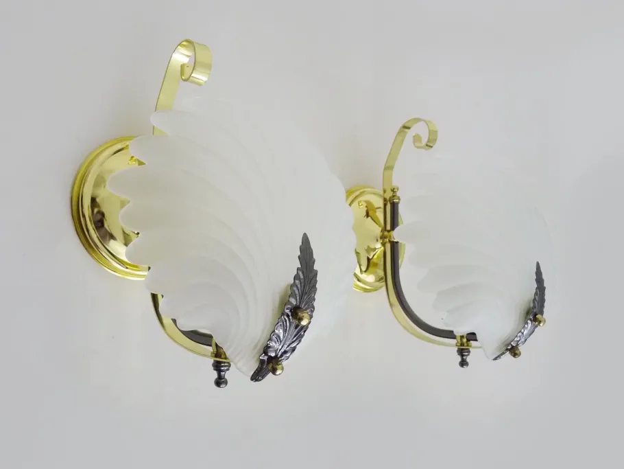Clearance Pamono Shell Wall Lights in Glass and Gold-Plated Metal, 1980s, Set of 2