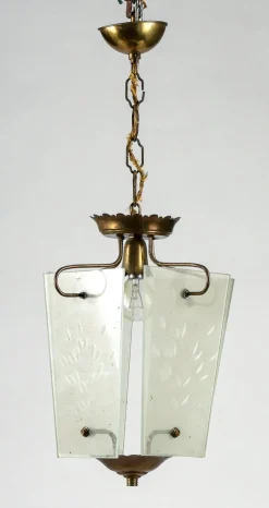 Best Pamono Single-Light Chandelier in Ground Glass in the shape of an Isosceles Trapezium, Italy, 1950
