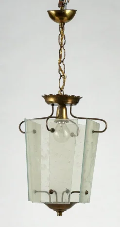 Best Pamono Single-Light Chandelier in Ground Glass in the shape of an Isosceles Trapezium, Italy, 1950