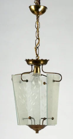 Best Pamono Single-Light Chandelier in Ground Glass in the shape of an Isosceles Trapezium, Italy, 1950