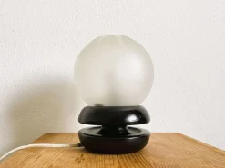 Clearance Pamono Small Portuguese Lacquered Black Wooden Table Lamp with Frosted Glass Globe Lampshade