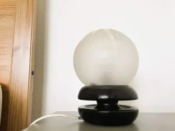 Clearance Pamono Small Portuguese Lacquered Black Wooden Table Lamp with Frosted Glass Globe Lampshade