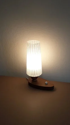 Discount Pamono Small Vintage Oval Bedside Lamp with Slim Relief Glass Shade & White Line Decor, 1970s