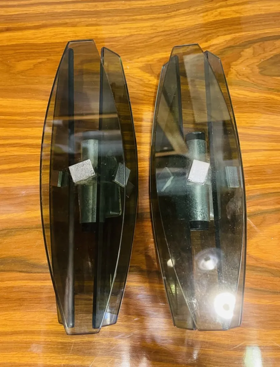 Clearance Pamono Smoked Glass Wall Lamps with Chrome Inserts from Fontana Arte, Set of 2