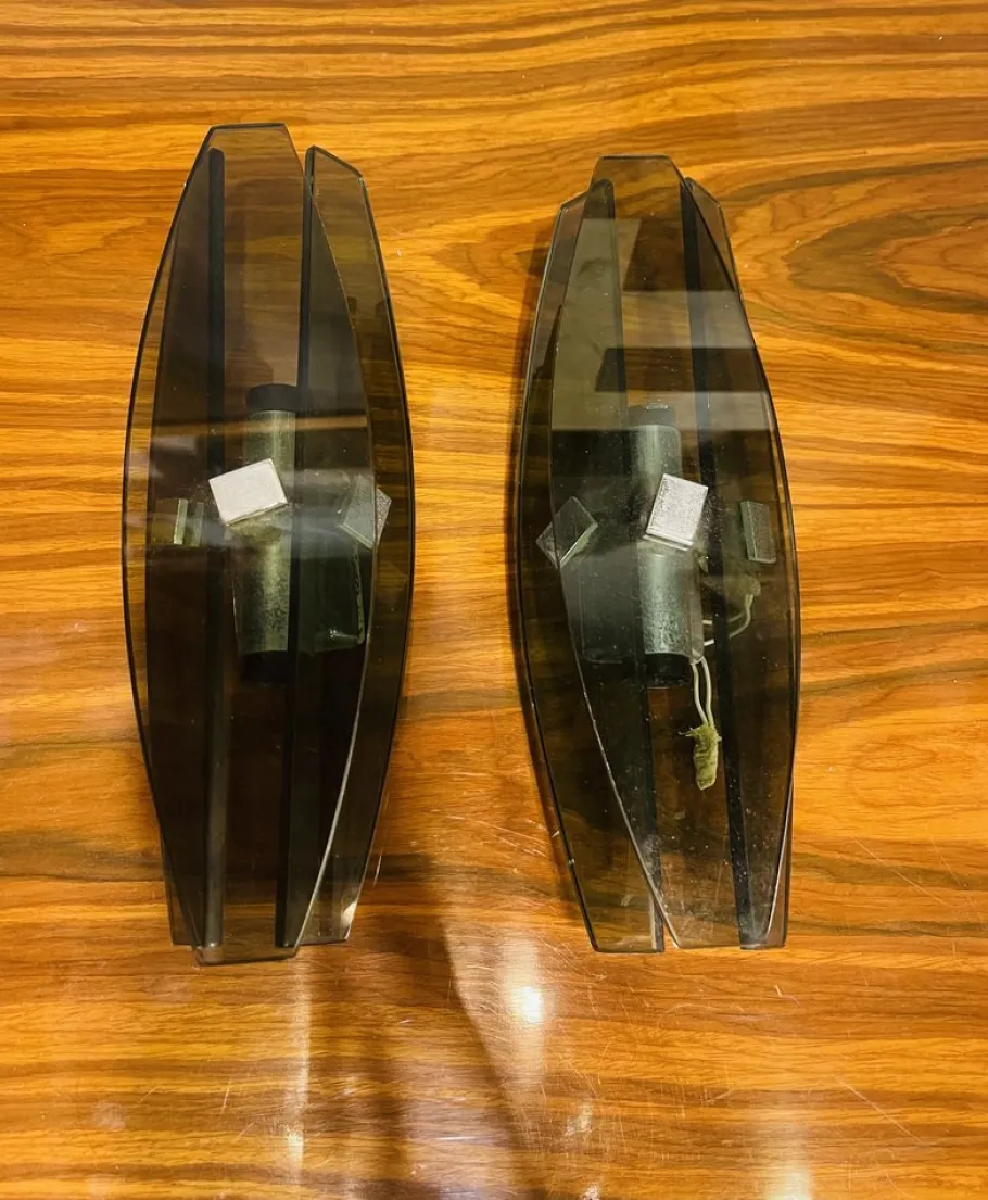 Clearance Pamono Smoked Glass Wall Lamps with Chrome Inserts from Fontana Arte, Set of 2
