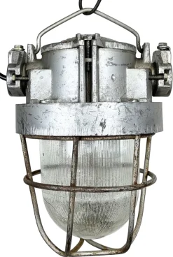 New Pamono Soviet Industrial Cast Aluminium Bunker Pendant Light with Iron Grid, 1960s