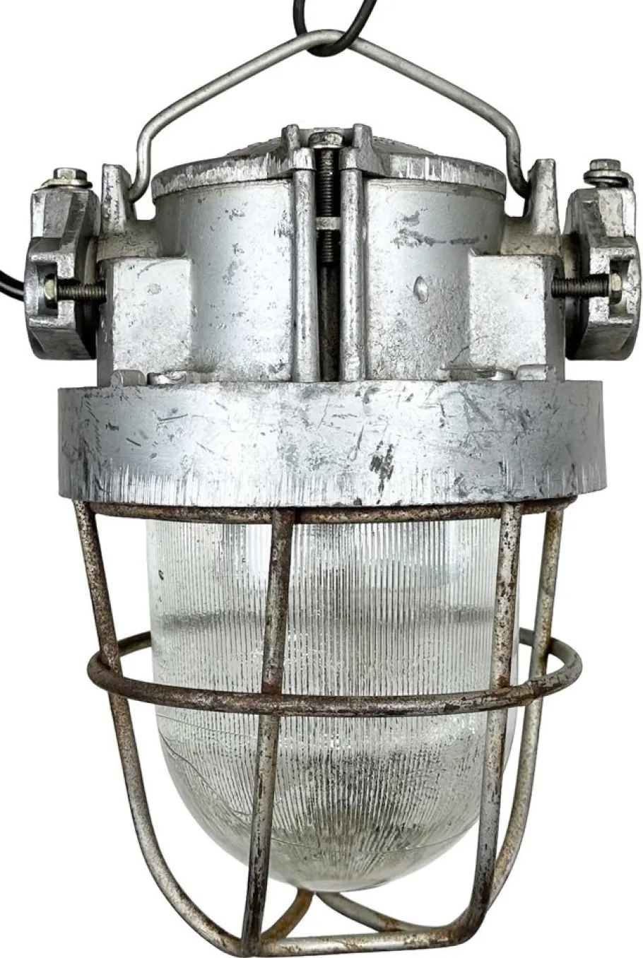 New Pamono Soviet Industrial Cast Aluminium Bunker Pendant Light with Iron Grid, 1960s