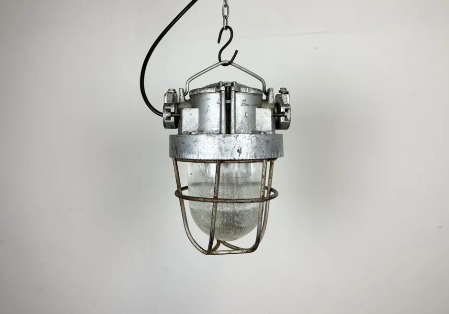 New Pamono Soviet Industrial Cast Aluminium Bunker Pendant Light with Iron Grid, 1960s