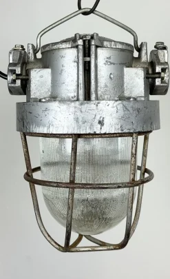 New Pamono Soviet Industrial Cast Aluminium Bunker Pendant Light with Iron Grid, 1960s