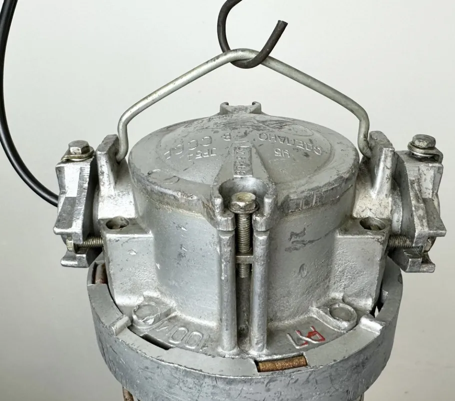 New Pamono Soviet Industrial Cast Aluminium Bunker Pendant Light with Iron Grid, 1960s