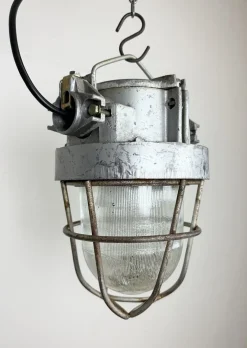 New Pamono Soviet Industrial Cast Aluminium Bunker Pendant Light with Iron Grid, 1960s