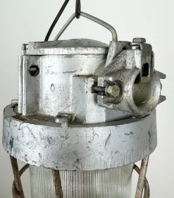 New Pamono Soviet Industrial Cast Aluminium Bunker Pendant Light with Iron Grid, 1960s